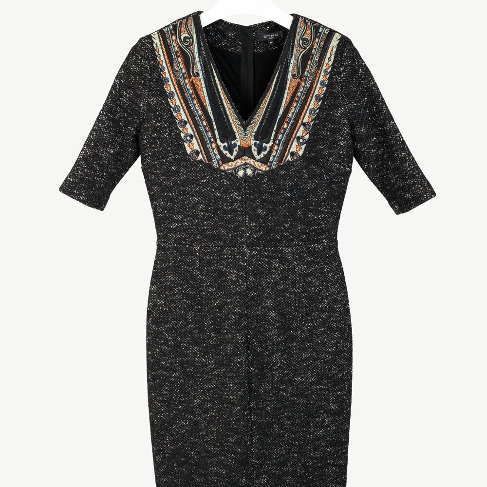 Etro Black Wool Embroidered-Paisley-Bib Dress